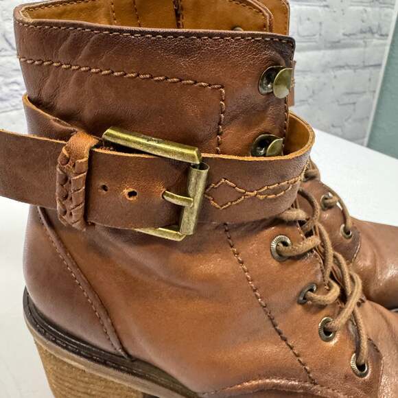 Zodiac Gemma Women's Cognac Leather Lace-Up Block Heel Combat Boots - Picture 2 of 8